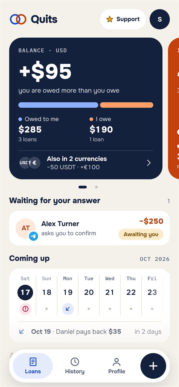 Home screen: balance, who owes whom and upcoming repayments