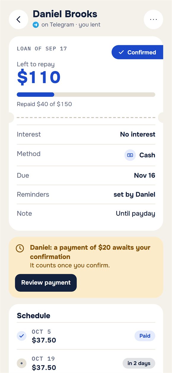 A loan: what is left to repay and a payment awaiting confirmation