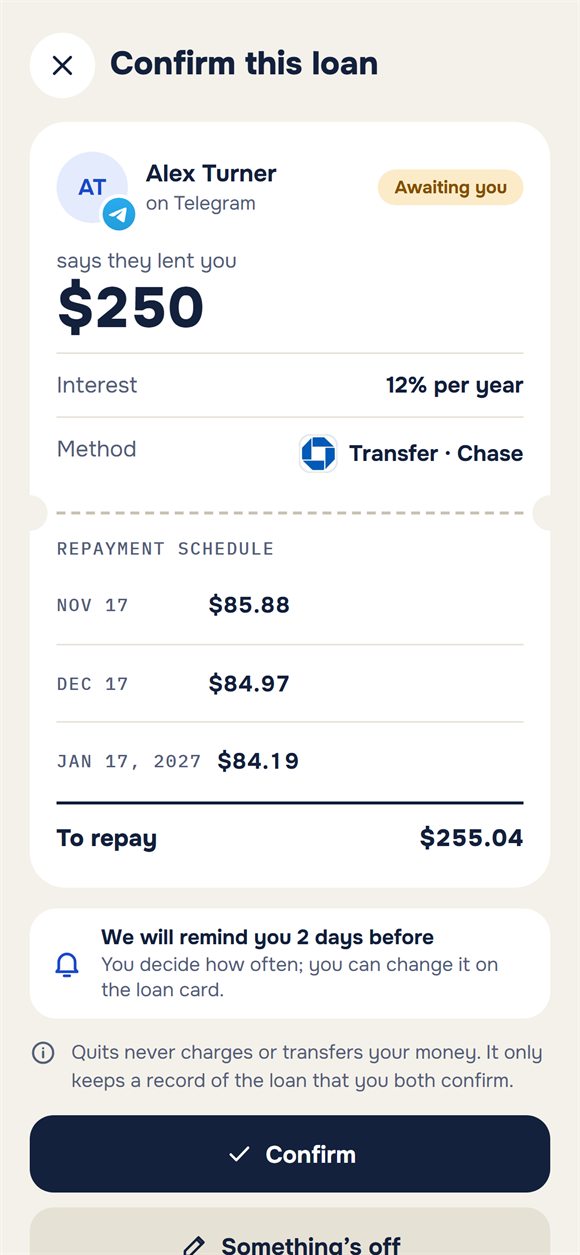 A loan confirmation request with a repayment schedule